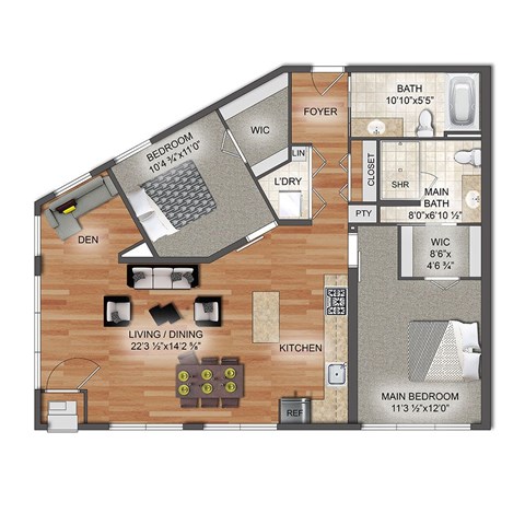 A floor plan of a house with a living room, dining room, kitchen, and two bedrooms.